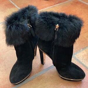 BCBGMAXAZRIA rabbit trim black high heel booties